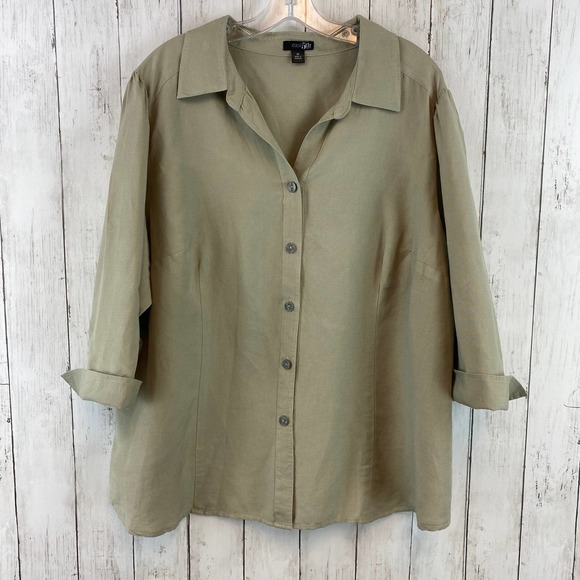 East 5th Tops - East 5th Olive Green Linen Blend Button-Down 3/4 Sleeve Shirt Plus Size 2X